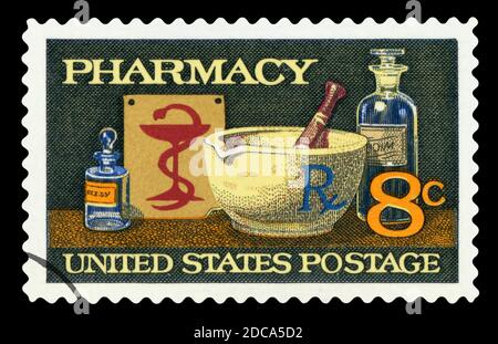 UNITED STATES OF AMERICA - CIRCA 1972: A stamp printed in America shows image of typical items in a pharmacy, mortar and pestle, bowl of Hygeia, circa