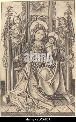 Master E.S., (artist), German, active c. 1450 - active 1467, Madonna and Child Enthroned, c. 1466, engraving Stock Photo