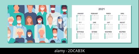 Happy New Year 2021. Thank you doctors and nurses. Horizontal wall, desk, table or pocket calendar with medical staff in masks. People of different na Stock Vector