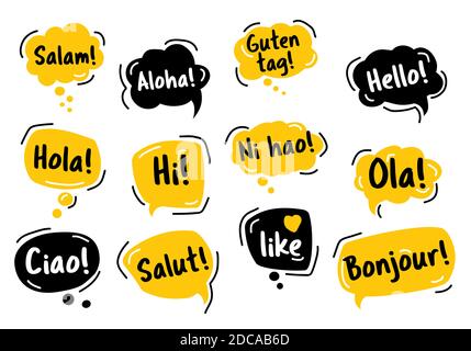 Speech Bubble. Hello, in different languages of the world. Hand drawn doodle talking bubbles. Bright yellow thought bubbles. Vector illustration doodle style. Stock Vector
