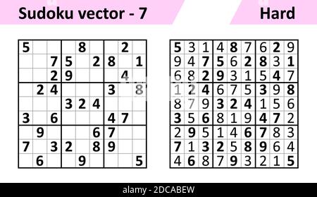 Sudoku game with answers. Simple vector design set Sudoku. Blank template. Complexity of the task is hard. Stock Vector