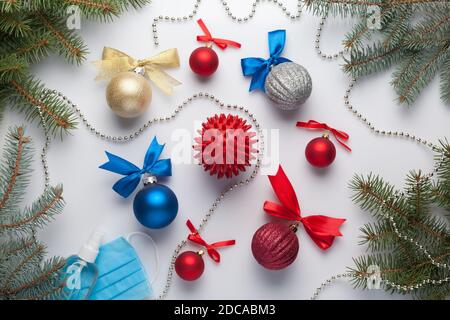 Festive flatley background. Christmas and New Year celebration concept epidemic covid 19, health protection. Stock Photo