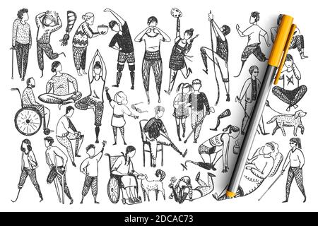 Disabled people doodle set. Collection of hand drawn handicapped men women athletes running walking medidtating isolated on white background. Healthcare and disability illustration. Stock Vector