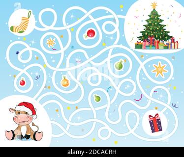 Help the bull find his way to gifts for the new year 2021. Maze for children, puzzle, educational games for the kindergarten. New Year s game with a cute animal. Labyrinth in flat cartoon design, vector Stock Vector