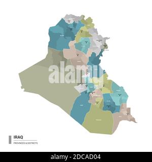 Iraq higt detailed map with subdivisions. Administrative map of Iraq with districts and cities name, colored by states and administrative districts. V Stock Vector