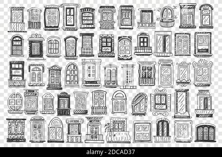 Windows doodle set. Collection of hand drawn of different size window frames and balcony facade of buildings on transparent background. Architecture and outdoor design illustration. Stock Vector