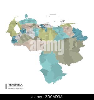 Venezuela higt detailed map with subdivisions. Administrative map of Venezuela with districts and cities name, colored by states and administrative di Stock Vector