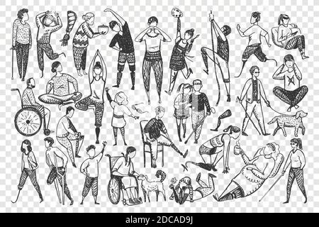 Disabled people doodle set. Collection of hand drawn handicapped men women athletes running walking medidtating isolated on transparent background. Healthcare and disability illustration. Stock Vector