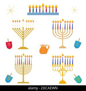 Different types of Hanukkah, Festival of Light, traditional golden menorah candelabrum with colorful candles vector set Stock Vector