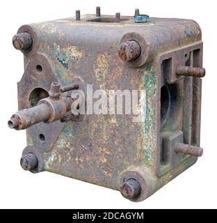 Mechanical distribution mechanism in a vintage diesel engine. Isolated on white Stock Photo