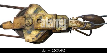 Steel hook and winch of an old rusty crane Stock Photo