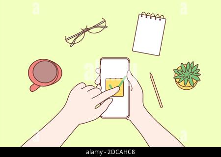 Technology, mobile, media, business concept. Human character hands using smartphone in office for work or social network communication watching videos Stock Vector