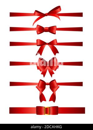 Collection Set of red bows with horizontal ribbon isolated on white ...
