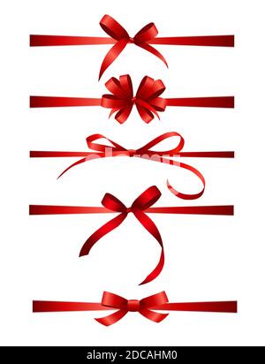 Collection Set of red bows with horizontal ribbon isolated on white ...