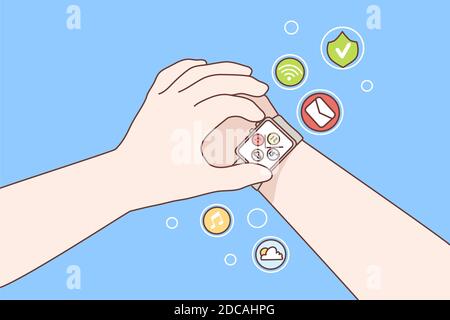 Technology, watch, gadget, innovation concept. Human hands using digital smart watches with multiple functions on wrist. Digital fashionable innovativ Stock Vector