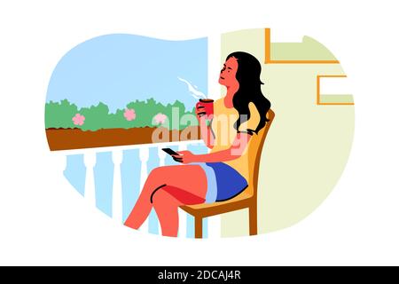 Recreation, weekend, dream, thought, summer concept. Young woman sitting on balcony near flowerbed with plants on chair holding cup of tea drinking en Stock Vector