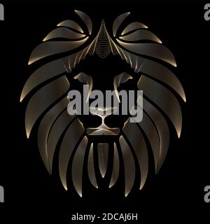 Linear stylized lion. Black and gold graphic. Vector illustration can be used as design for tattoo, t-shirt, bag, poster, postcard, eps 10 Stock Vector