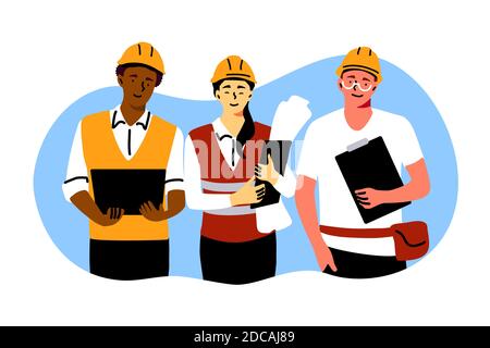 Building, industry, teamwork, engineering concept. Team of builders architects engineers foremen characters standing together and looking at camera. T Stock Vector