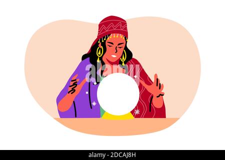 Mystery, fortune telling, astrology, future concept. Young woman girl gypsy oracle cartoon character looking at crystal ball sphere. Spiritual mysteri Stock Vector