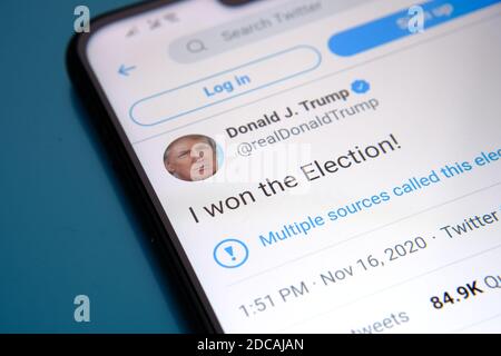 Twitter labelled official Donald Trump's 'I WON THE ELECTION' tweet as 'disputed'. The Page is seen on the smartphone screen. Concept. Selective focus Stock Photo