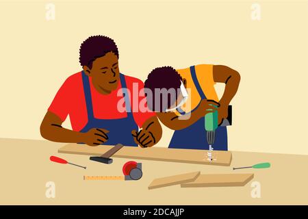 Fatherhood, childhood, work, education, help concept. Young african amercian man dad and child kid boy son working together teaching drilling holes in Stock Vector
