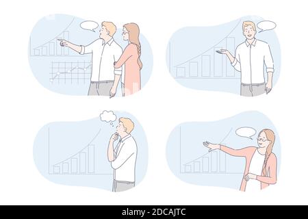 Set of business people concept. Illustrations of business people showing report, presentation or project at office to investors. Collection businessme Stock Vector