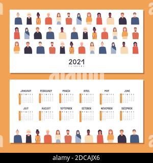 Happy New Year 2021. Horizontal wall, desk or table calendar. People of different nationalities in masks. Multiethnic, multicultural society. Coronavi Stock Vector