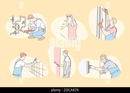 Set of installers, repair, builder concept. Collection of isolated handymen installers builders in uniform and special tools repairing flat or apartme Stock Vector