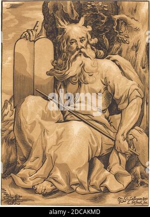 Ludwig Büsinck, (artist), German, c. 1590 - 1669, Georges Lallemand, (artist after), French, 1598 or before - 1640, Moses with the Tablets of Law, chiaroscuro woodcut (black line block and two brown tone blocks Stock Photo