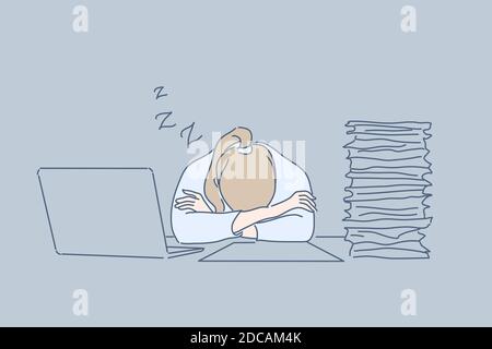 Overworking, sleep, office, fatigue, stress, business concept. Tired exhausted businesswoman clerk manager sleeps on workplace near pile of documents Stock Vector