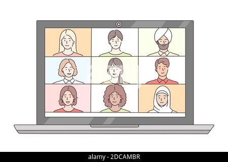 Meeting, online, business concept. People multiracial african american arab muslim businessmen women characters on laptop. Conference video call and r Stock Vector