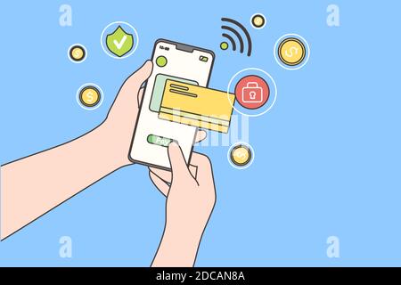 Online payment, technology, shopping, mobile phone concept. Paying by credit card via electronic wallet wirelessly through banking app. Human hand hol Stock Vector