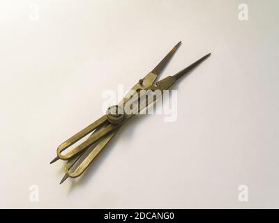 Brass reduction compass or proportional scale divider. Geometry tool used to scale up or down designs and in navigation to transfer distance on charts Stock Photo