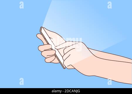 Media, network, addiction, technology concept. Social network life on your phone. Hand holding using smartphone for online communication or wasting ti Stock Vector