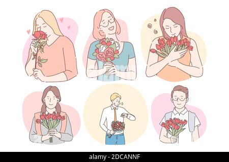 Flower bouquets as presents for women concept. Happy smiling women cartoon characters holding flowers bouquets as gifts for holiday and men preparing Stock Vector