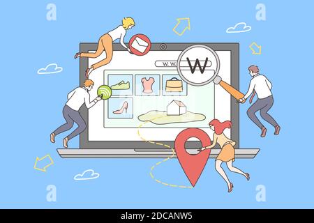 Teamwork, web development concept. Team of young men women programmers cartoon characters coding developing internet design homepage shopping site. IT Stock Vector