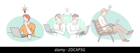 Successful project, great idea, innovation, business concept. Young positive business people sitting with laptops in office or park, working online on Stock Vector