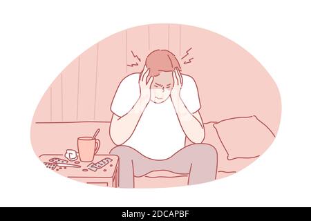 Migraine, headache, desease concept. Young man has headache and suffers from pain. Migraine is symptom of hangover. Unhappy boy holding his head and i Stock Vector