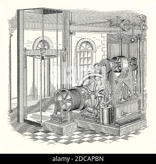https://l450v.alamy.com/450v/2dcapbn/an-old-engraving-of-a-steam-driven-hoisting-machine-used-in-a-factory-or-warehouse-it-is-from-a-victorian-mechanical-engineering-book-of-the-1880s-elisha-grave-otis-demonstrated-the-first-safety-elevator-lift-or-hoist-at-the-1854-new-york-exposition-in-the-crystal-palace-proving-elevator-travel-for-passengers-was-safe-in-1863-william-miller-patented-an-elevator-safety-device-using-a-worm-rack-integrated-into-mechanism-to-prevent-a-fall-happening-here-the-platform-left-has-these-safety-ratchets-which-instantly-lock-the-elevator-platform-to-the-sides-if-a-lifting-rope-failure-occurs-2dcapbn.jpg