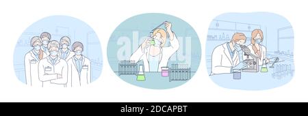 Coronavirus medical research and virus analysis in lab. People scientists in protective medical masks making scientific experiment and investigating m Stock Vector