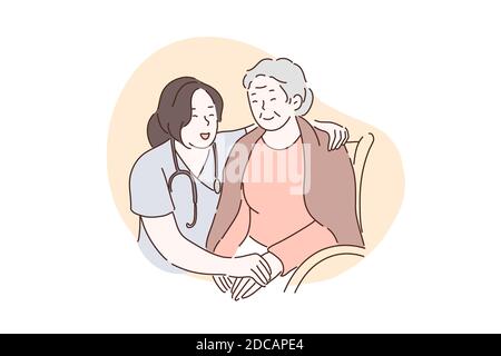 Nursing home, hospital, hospice, rehabilitation concept. Happy old woman holding hands with nurse together. The doctor in the clinic takes care, helps Stock Vector