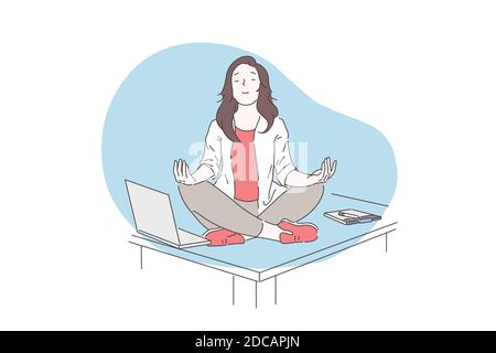 Mindfulness, meditation, mental health concept. Happy business woman or young girl meditating on the desktop in the office. Vector flat design. Stock Vector