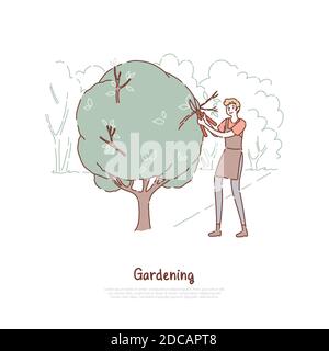 Young man cutting bush, guy in apron holding scissors, plant care, gardening service worker, summer horticulture banner. Gardener pruning tree concept Stock Vector