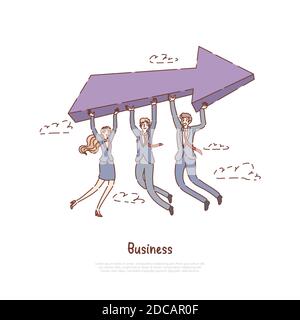 Men and woman in formal clothes holding big arrow, entrepreneurship metaphor, successful partnership, coworking banner. Business development team conc Stock Vector