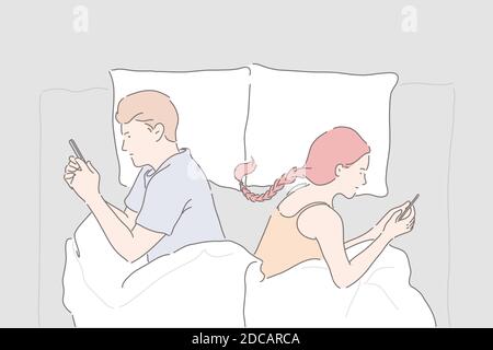 Relationship trouble, mobile phone addiction, marriage crisis concept, Girlfriend and boyfriend lying in bed with smartphones, modern lifestyle proble Stock Vector