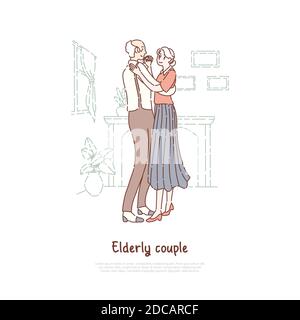 Married elderly couple, old husband and wife waltzing, positive lifestyle, happy retirement, nursing home banner. Pensioners pair dancing together con Stock Vector