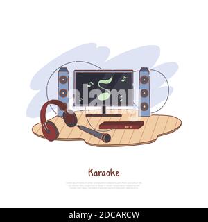 Musical equipment for indoor entertainment, television, speakers, headphones and microphone, music activity banner. Stereo system, karaoke station con Stock Vector