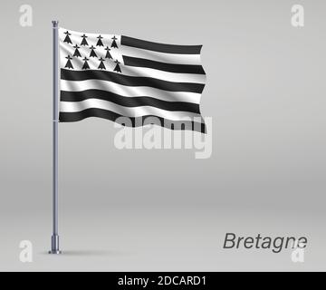 Waving flag of Bretagne - region of France on flagpole. Template for independence day Stock Vector