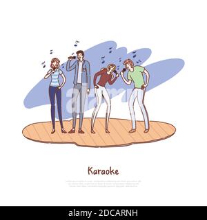 Young friends having fun together, happy men and women holding microphones, musical performance, karaoke concert banner. Quartet band, group singing c Stock Vector