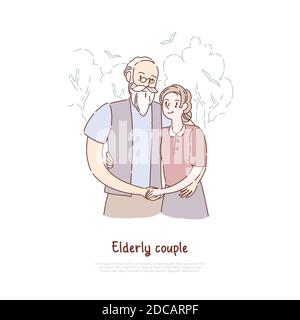 Grandfather and grandmother standing together, elderly couple hugging, old married pair, happy retirement banner. Pensioners pair holding hands concep Stock Vector